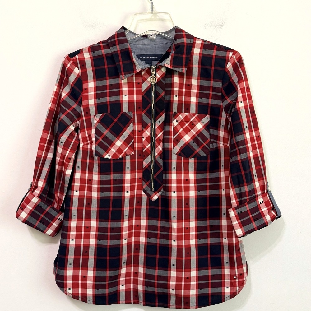 Tommy Hilfiger Popover Blouse Top S Half Zip Roll Tab Sleeve Plaid Classic Shirt